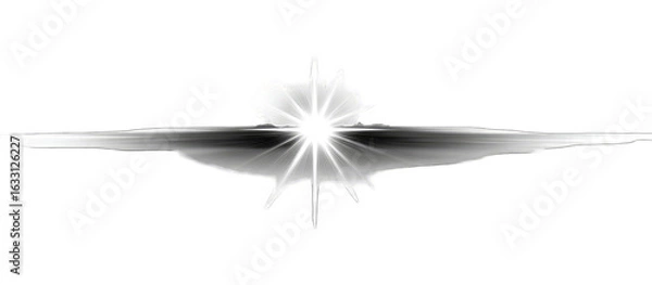 Fototapeta A stylized, grayscale image depicting a radiant burst of light, centrally positioned, emanating outwards, resembling a stylized star or celestial event, set against a pure black background