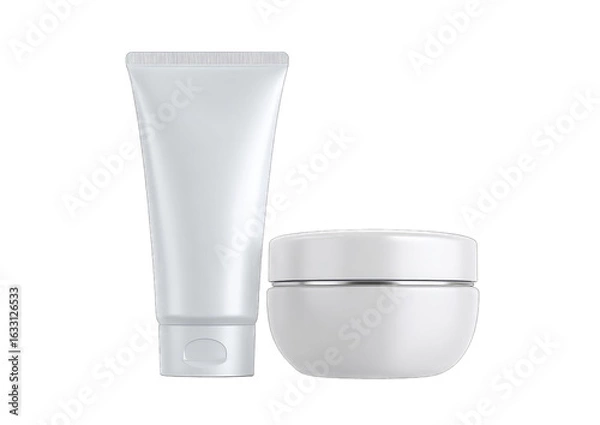 Fototapeta A tall, slender tube and a shorter, wider jar, both white and seemingly made of plastic or similar material, sit side-by-side against a black background.  They appear to be cosmetic containers