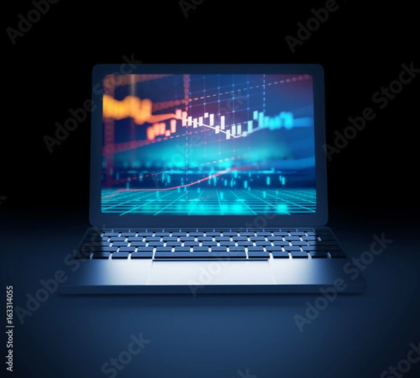 Obraz technical financial graph on laptop screen 3d illustration