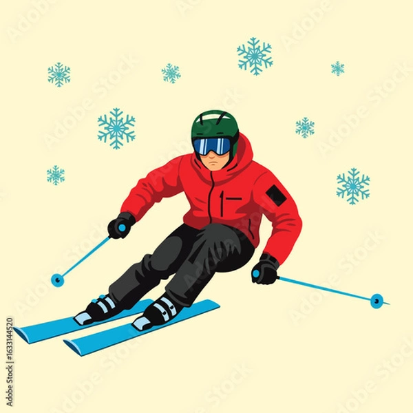 Obraz Skier in Red Jacket Skiing Downhill in Snow Graphic Illustration