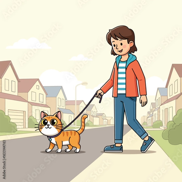 Fototapeta Person Walking a Cat on a Leash in Suburban Neighborhood