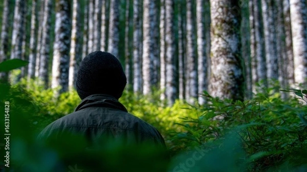 Obraz Person wearing beanie and jacket looking into a dense forest with green undergrowth