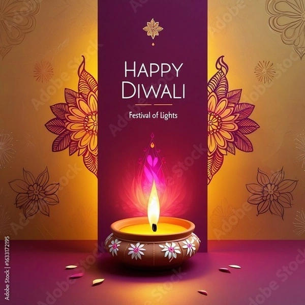 Obraz Ornate Diwali greeting card with glowing diya, intricate floral patterns, and elegant festive gold background – AI-Generated