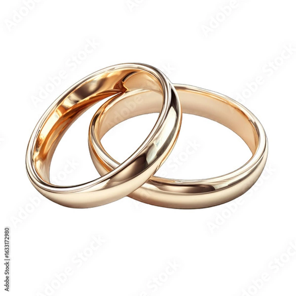 Fototapeta Two simple, polished gold wedding bands intertwined, showcasing their smooth surfaces and reflective sheen against a black background
