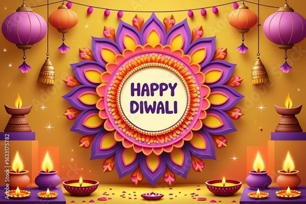 Obraz Radiant Diwali greeting card with vibrant purple mandala rangoli, glowing oil lamps, hanging lanterns, and festive yellow background – AI-Generated