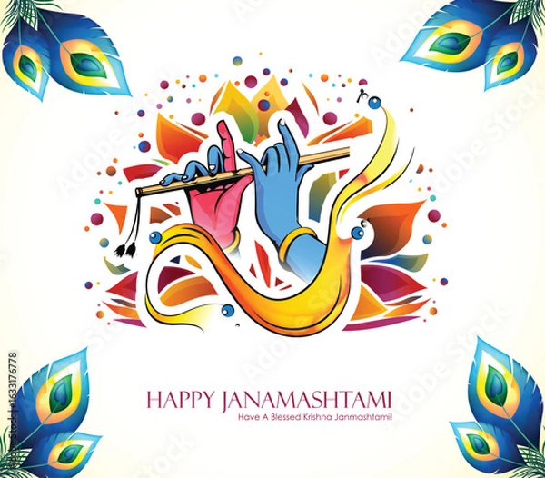 Fototapeta Celebrating happy Janmashtami festival of India with llustration of Lord Krishna playing bansuri (flute) and dahi handi competition with text in Hindi meaning 'Krishan Janmashtami'- vector background