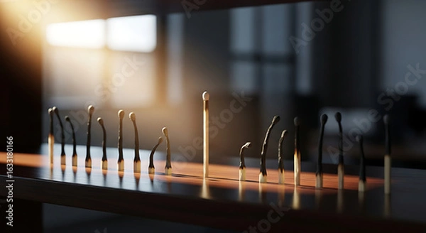 Fototapeta Ai generated image of burnt matchsticks arranged on a table with one standing tall in the light