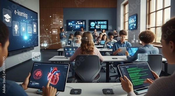 Fototapeta Students using tablets in a classroom with e learning displayed on a large screen and digital overlays