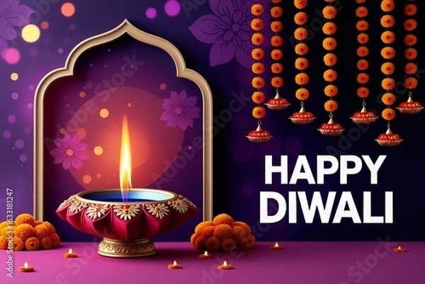 Obraz Happy Diwali greeting card with glowing traditional diya lamp, festive marigold decorations, and vibrant purple background – AI-Generated
