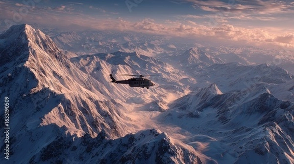 Fototapeta Helicopter in the mountains in the winter