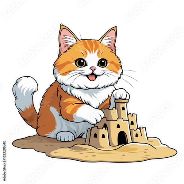 Obraz Cute Persian-Scottish Fold cat building a sandcastle
