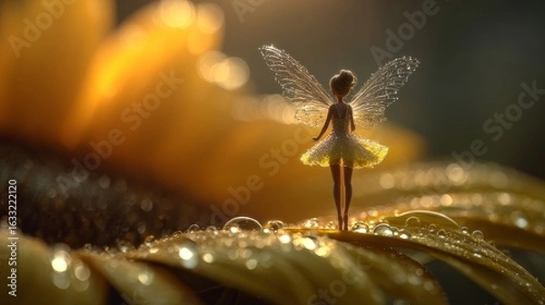 Fototapeta A fairy in golden light, walking on dewdrops at dawn
