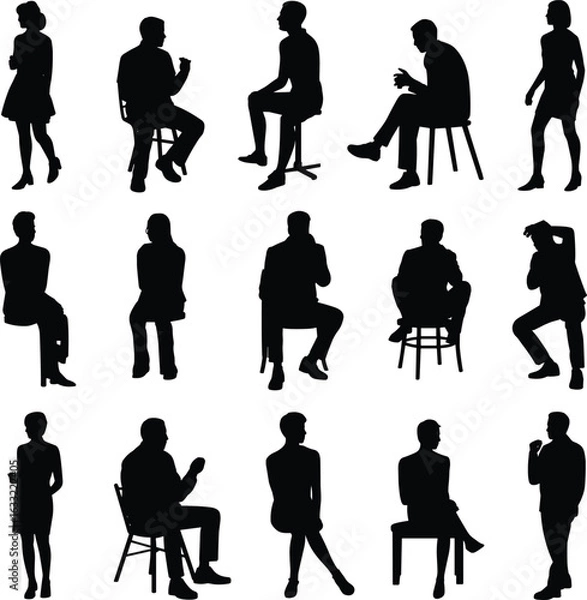 Fototapeta Collection of black vector silhouettes of people sitting, standing, thinking, and talking in casual poses, isolated on white background