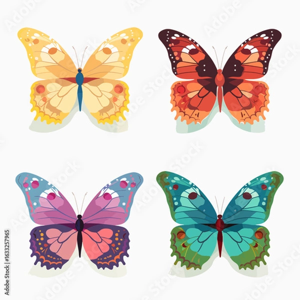 Fototapeta A vibrant collection of four stylized butterflies in yellow, red, purple, and teal colors, isolated on a white background.