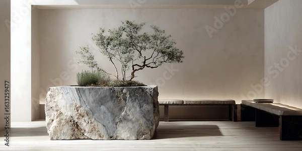 Obraz Minimalist Interior with Stone Planter and Tree