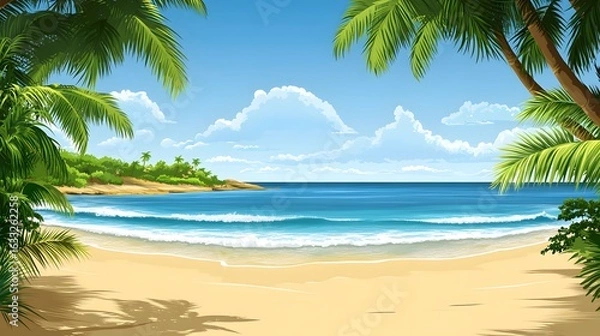 Fototapeta Tropical beach scene with palm trees and a calm ocean.