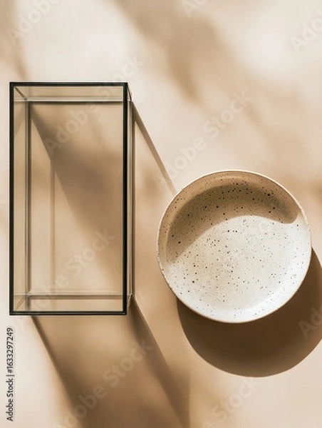 Fototapeta Empty glass box and speckled plate on a beige surface, sunlit