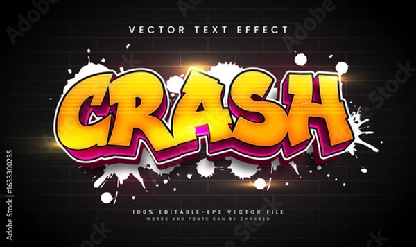 Fototapeta Editable crash graffiti text effect, vibrant colors, brick wall background. Perfect for design projects.