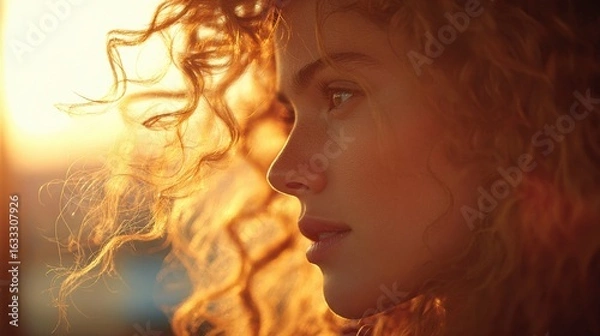 Obraz Natural Curls Glow in Golden Hour Light, Captured in a Serene Side View Showcasing Curly Hair Texture and Soft Facial Features
