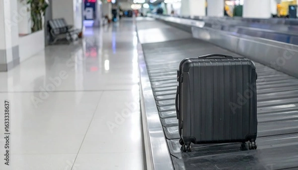 Fototapeta A black suitcase stands alone on the moving conveyor belt in a brightly lit airport baggage claim area