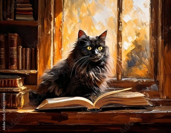 Fototapeta 古い図書館の窓辺で本の上にたたずむ長毛の黒猫のクラシックなイラスト