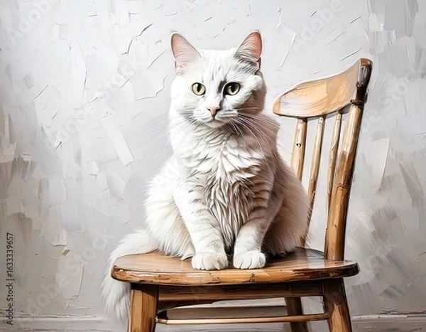 Fototapeta 木の椅子に座る凛とした白猫を描いた落ち着きのある室内イラスト