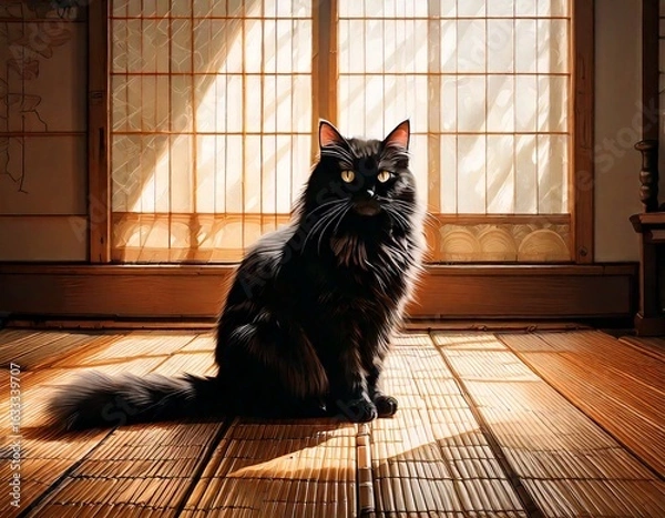 Fototapeta 障子越しの光に包まれた和室で静かに座る長毛の黒猫のイラスト