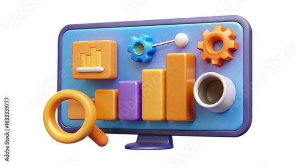 Obraz Data Analysis and Strategic Planning, symbolized by a Bar Chart and Search Icon