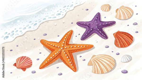 Fototapeta Decorative summer layout with seashells and starfish, clean white space for copy.
