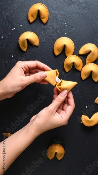 Fototapeta Unveiling destiny: Hands opening a fortune cookie to reveal a message