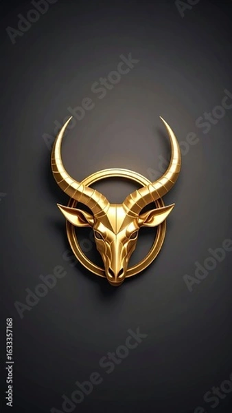 Fototapeta Elegant golden antelope head with ring on a smooth dark gray background
