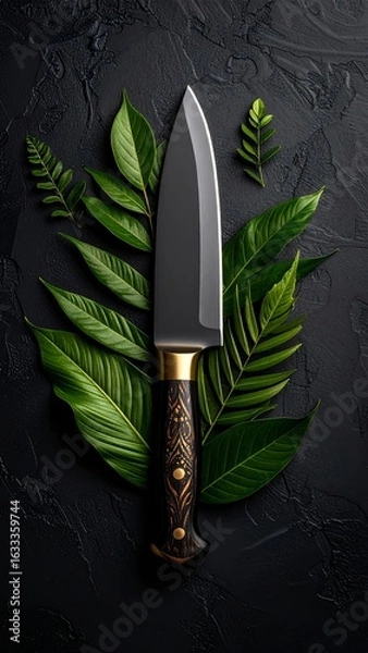 Fototapeta Sophisticated culinary tool with botanical elements against dark backdrop