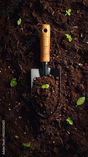 Fototapeta Tiny sprouts of life rising from fertile earth with garden hand trowel