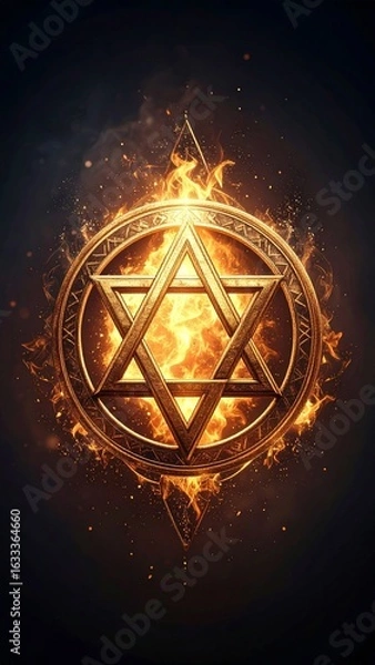 Fototapeta Golden Hexagram Seal Enveloped in Fire, a Mystical Symbol Concept