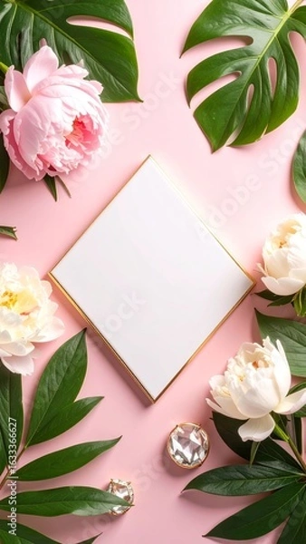 Fototapeta Floral Arrangement with Square Frame and Decorative Accents on Pink Surface