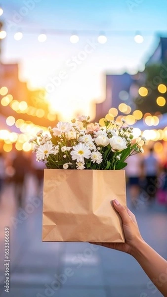 Fototapeta Blissful blooms: Hand holding a bouquet in a paper bag against a bokeh background