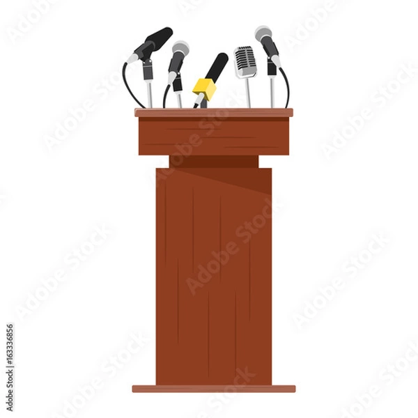 Obraz Wooden podium tribune with microphones.
