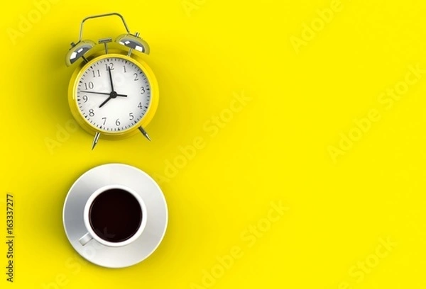 Fototapeta Coffee cup with alarm clock on yellow background, Top view with copyspace for your text, 3D rendering