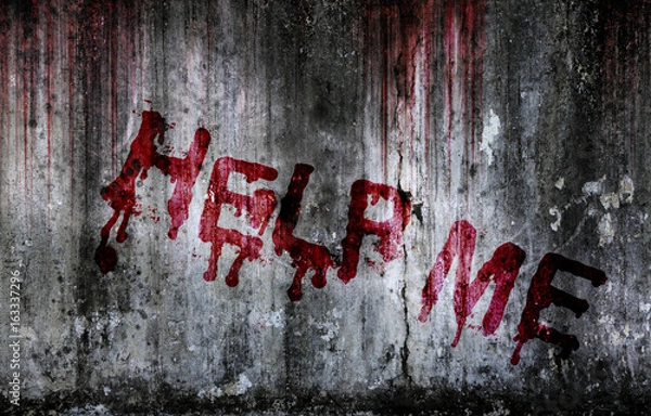 Fototapeta Write a help me message on bloody background scary old wall, concept of Halloween and horror crime 