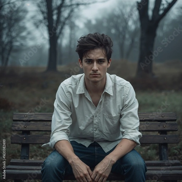 Fototapeta A sad and stressed person feels overwhelmed, emotionally drained, mentally exhausted, and deeply burdened by life