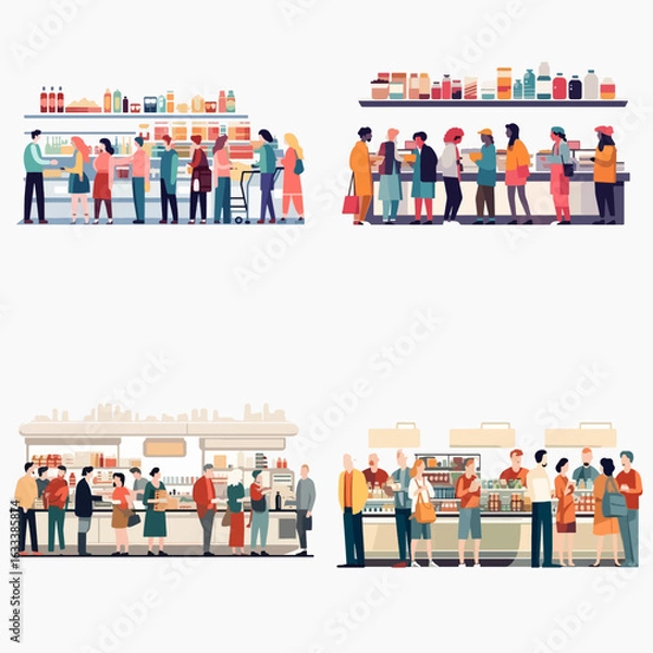 Fototapeta Four distinct views of diverse shoppers in different sections of a grocery store, each queueing to purchase goods.