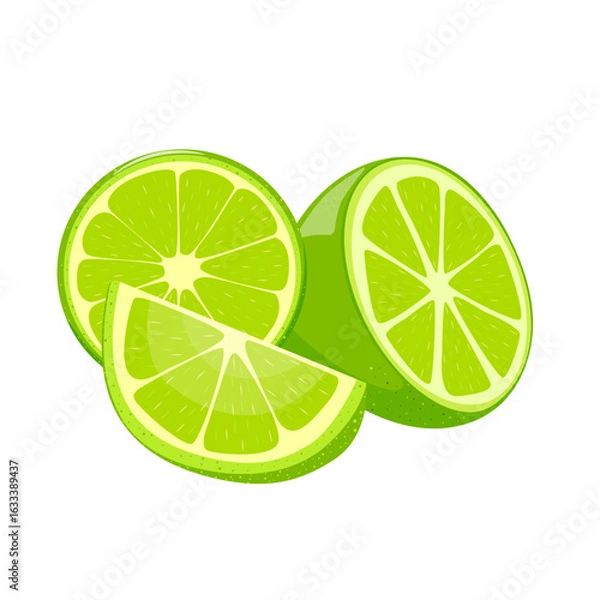 Fototapeta Fresh lime background. Green slices and whole wedges of fresh lime. Citrus fruits set. Hand drawn.