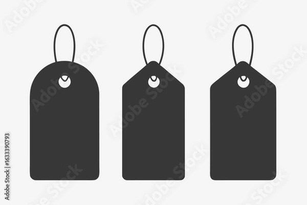Fototapeta Minimalist Three Black Price Tags with String, Rounded Corners, and Variety of Shapes