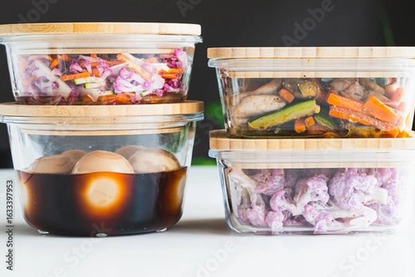 Obraz ガラスの保存容器に入った、作り置きの家庭料理（鶏肉と野菜の炒め物、紫カリフラワーのマスタードマヨサラダ、煮卵）