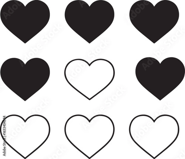 Fototapeta Set of black hearts, stylized hearts on a white backgroun,d hearts for Valentine's Day