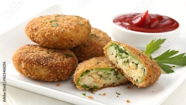 Fototapeta Crispy golden brown fried potato croquettes with fresh parsley and ketchup