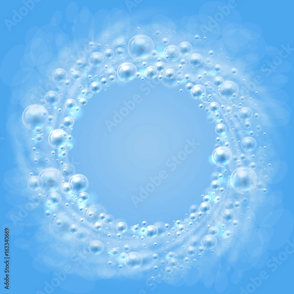 Fototapeta Bąbelki. Przepływ pęcherzyków powietrza w wodzie. Przezroczyste bąbelki mydlane, takie jak rama na niebieskim tle krążąc w okręgu. Bubbles to przezroczyste obiekty. Ilustracja wektorowa.