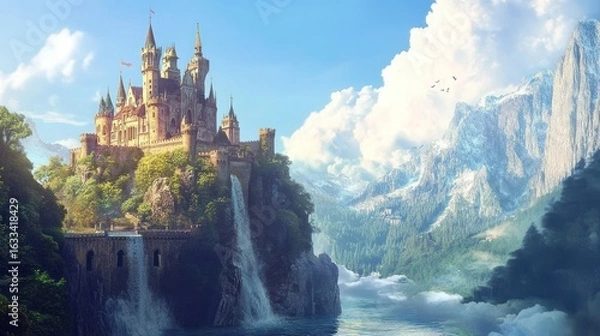 Fototapeta Fairytale castle perched on a clifftop, waterfalls cascading down to a tranquil lake. Lush greenery surrounds the majestic structure, set against a backdrop of snow-capped mountains and a vibrant sky