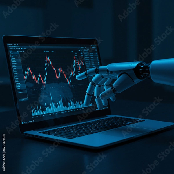 Fototapeta Robotic Hand Analyzing Stock Market Data on Laptop Screen; Futuristic Finance, AI Trading, Blue Tone
