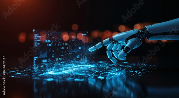Fototapeta Robotic Hand Interacting with Futuristic Holographic Financial Data Display